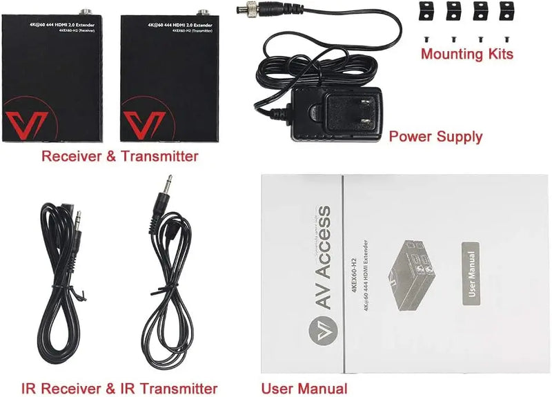 AV Access 4KEX60-H2 Economical 4K HDMI Extender up to 50m/164ft, HDMI Balun w/ 2-Way PoC & IR Control AV Access