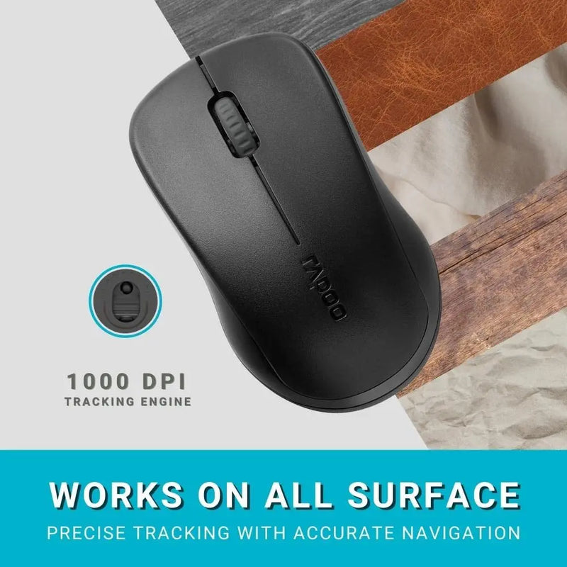 RAPOO 1620 Wireless Optical Mouse – Reliable 2.4GHz Wireless Connectivity, High-Precision 1000 DPI Sensor, Long Battery Life with Power Saving Mode, Ergonomic Ambidextrous Design, Nano USB Receiver, Black Rapoo