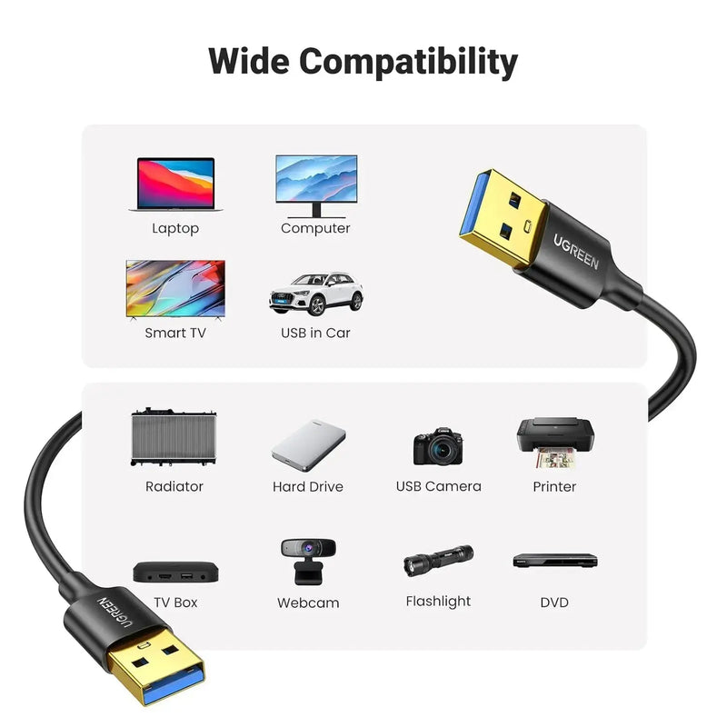 UGREEN USB 3.0 A Male to Male Cable 1M Data Transfer Hard Drive Laptop DVD Player TV USB Hub Monitor Camera Set (10370) Ugreen