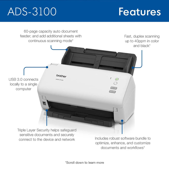 Brother ADS-3100 High-Speed Desktop Scanner With Speed Of 40PPM-(White/Black) Brother