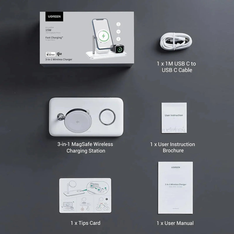 UGREEN 3-in-1 MagSafe Wireless Charging Station 25W Fast Magnetic Charger iPhone 15/14/13/12 AirPods Apple Watch Foldable White 90326 Ugreen
