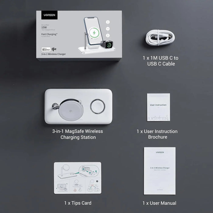 UGREEN 3-in-1 MagSafe Wireless Charging Station 25W Fast Magnetic Charger iPhone 15/14/13/12 AirPods Apple Watch Foldable White 90326