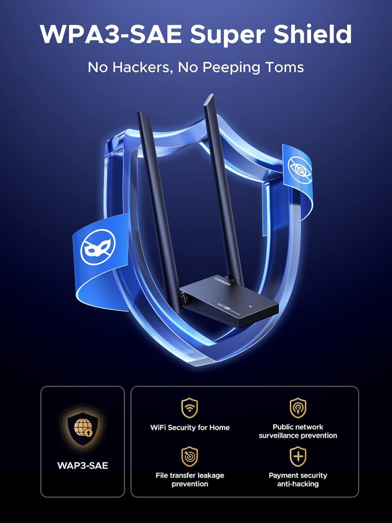 UGREEN CM787 75917 AXE5400 tri-band Wi-Fi 6E USB adapter WPA3-SAE super shield security