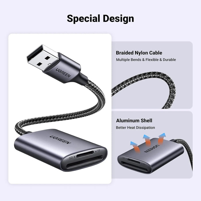 UGREEN USB 3.0 Card Reader 2-in-1 SD TF Micro SD SDHC SDXC MMC Aluminum Case Memory Card Reader PC Laptop 80887