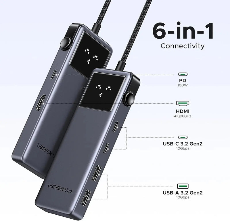 UGREEN Uno 6-in-1 USB-C Hub 10Gbps 2 USB-C 2 USB-A Data Port PD 4K 60Hz HDMI MacBook Pro Air iPad Surface XPS (35998) Ugreen