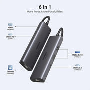 UGREEN 6-in-1 Multifunctional USB-C Hub HDMI 2 USB-A 3.2 1 USB 3.2 C RJ45 100W PD Ethernet Dock Multi Port (45000) Ugreen