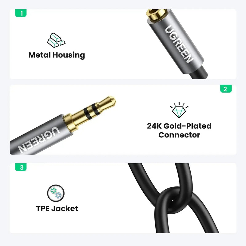 GREEN 20cm 3.5mm Male to Female Dual Headphone Splitter Aux Extension Cable Braided Audio Stereo Jack Share 10532 Ugreen