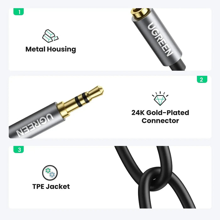 GREEN 20cm 3.5mm Male to Female Dual Headphone Splitter Aux Extension Cable Braided Audio Stereo Jack Share 10532 Ugreen