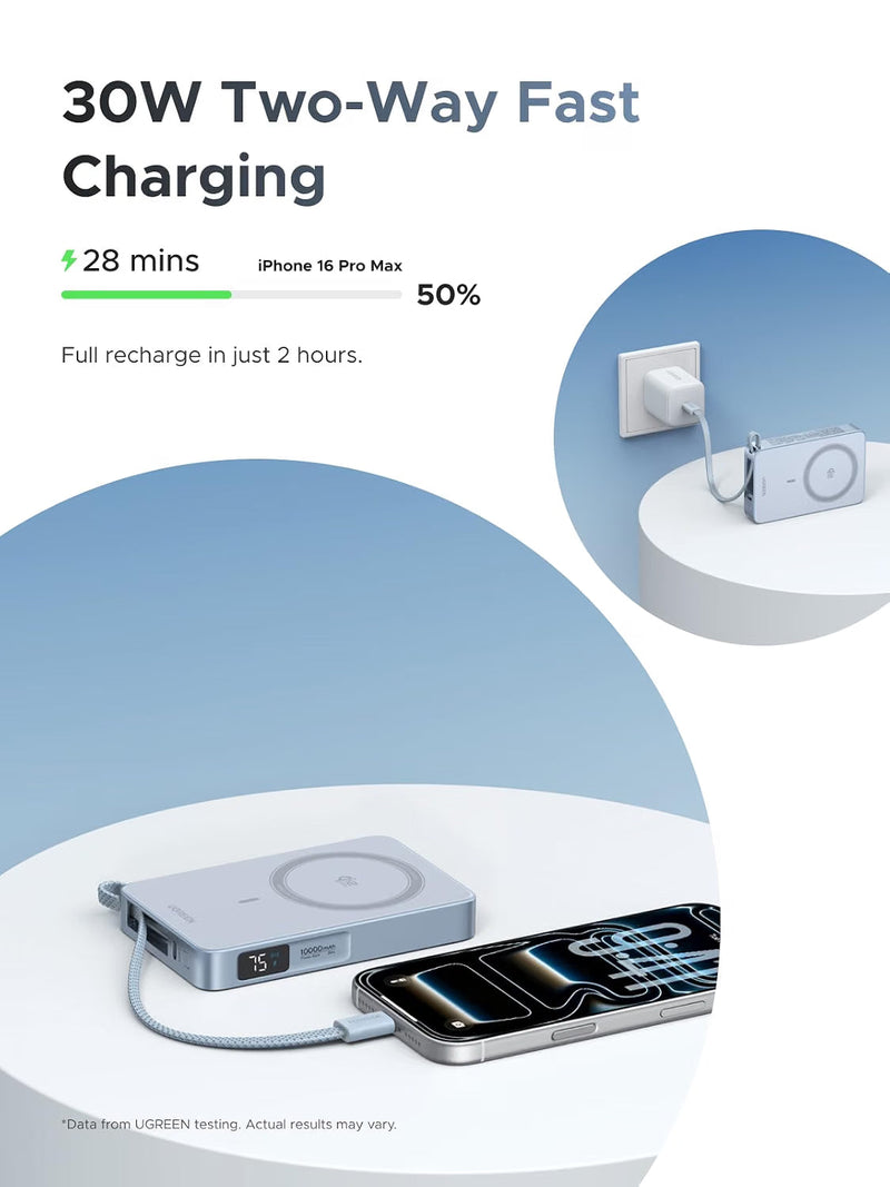 UGREEN MagFlow 65958B 10000mAh Qi2 25W magnetic power bank with built-in cable 30W two-way fast charging