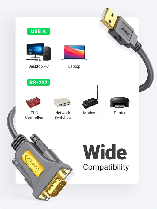 UGREEN USB to RS232 DB9 Serial Converter Cable FTDI Chipset Gold Plated Windows Mac OS X Compatible 3ft 1m 10ft (20223) Ugreen