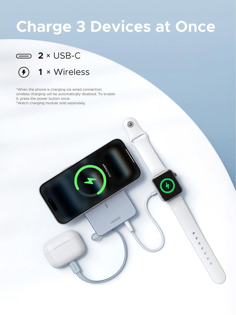 UGREEN MagFlow 65958B 10000mAh Qi2 25W magnetic power bank with built-in cable charges three devices at once
