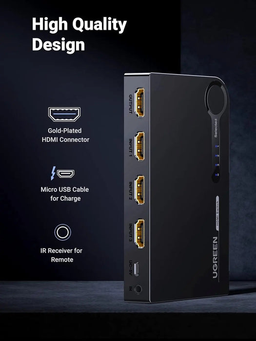 UGREEN 3x1 HDMI Switch 3 In 1 Out IR Wireless Remote 1080P 3D HDMI Switcher Laptop PS3 Xbox360 HD-DVD Gaming Console Switch 40234
