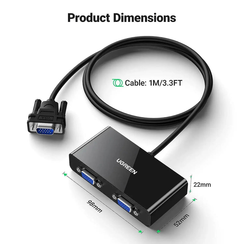 UGREEN VGA Splitter 1 In 2 Out Full HD 1080p Video Duplicator 1 VGA Input 2 VGA Outputs Monitor Projector HDTV PC Laptop 20918 Ugreen
