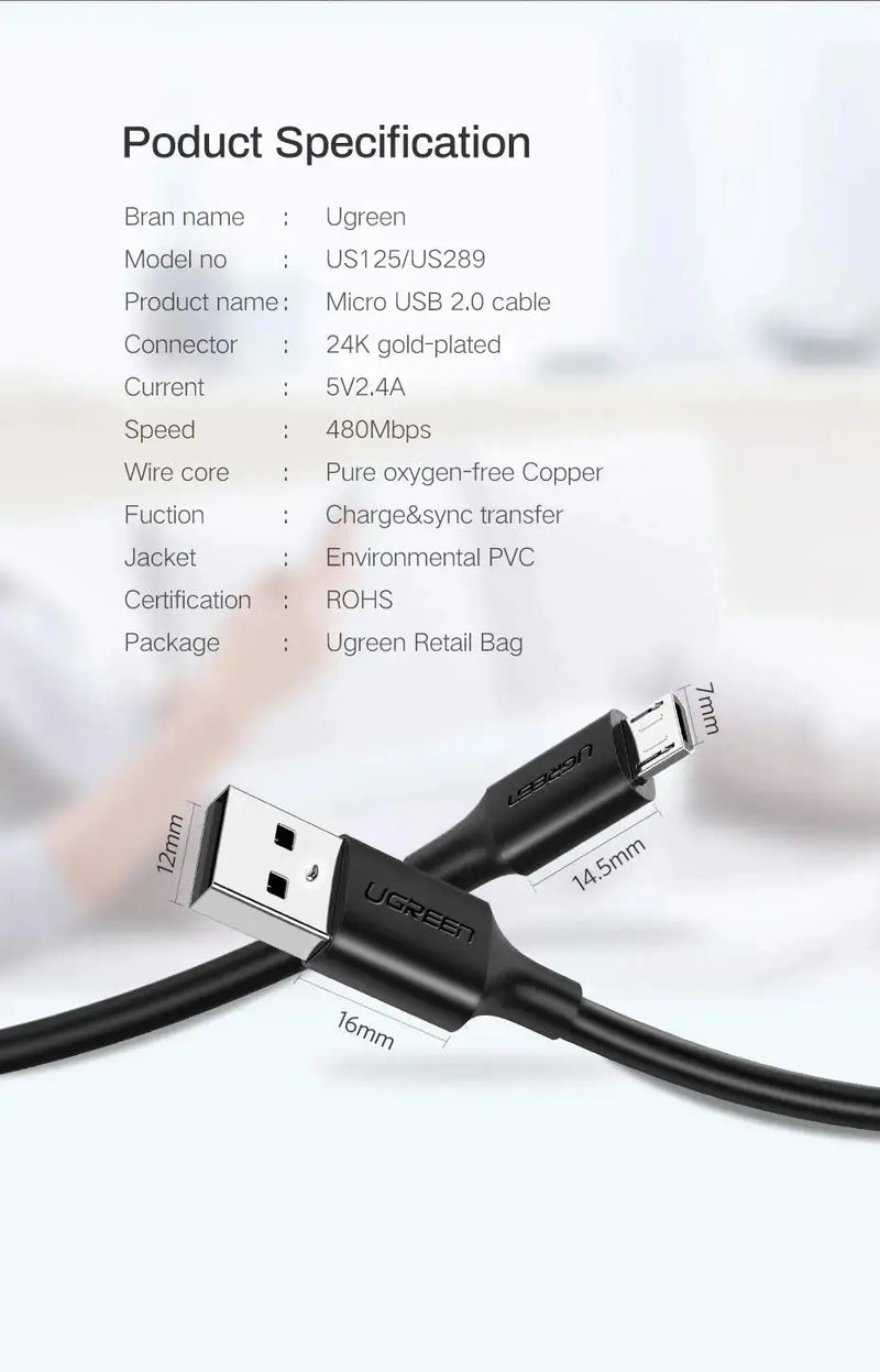 UGREEN 2M USB-A to Micro USB Cable USB 2.0 Data Sync Charging Cord Nickel Plated Android PS4 Controller Camera 60138 Ugreen