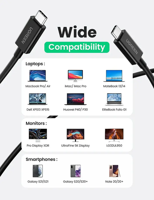UGREEN Thunderbolt 4 USB-C to USB-C Cable 0.8M 2.6ft 100W Fast Charging 8K Video Type-C Data Transfer Cable Black (30389) Ugreen