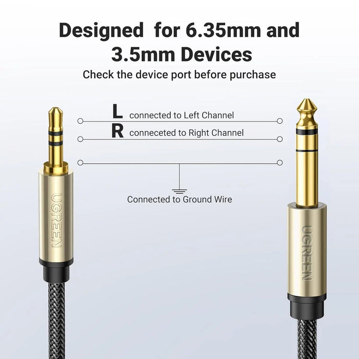 UGREEN 3.5mm to 6.35mm Audio Cable 1M Male TRS Instrument Cable 24K Gold Plated Professional Audio Equipment 10625