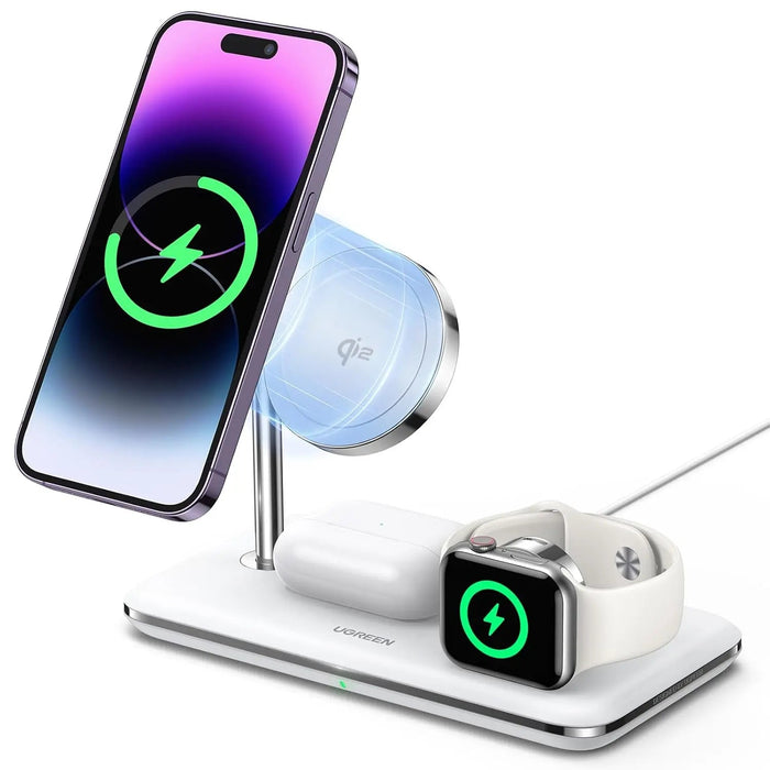 UGREEN 3-in-1 MagSafe Wireless Charging Station 25W Fast Magnetic Charger iPhone 15/14/13/12 AirPods Apple Watch Foldable White 90326