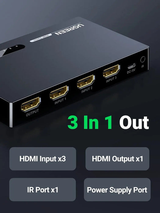 UGREEN 3x1 HDMI Switch 3 In 1 Out IR Wireless Remote 1080P 3D HDMI Switcher Laptop PS3 Xbox360 HD-DVD Gaming Console Switch 40234