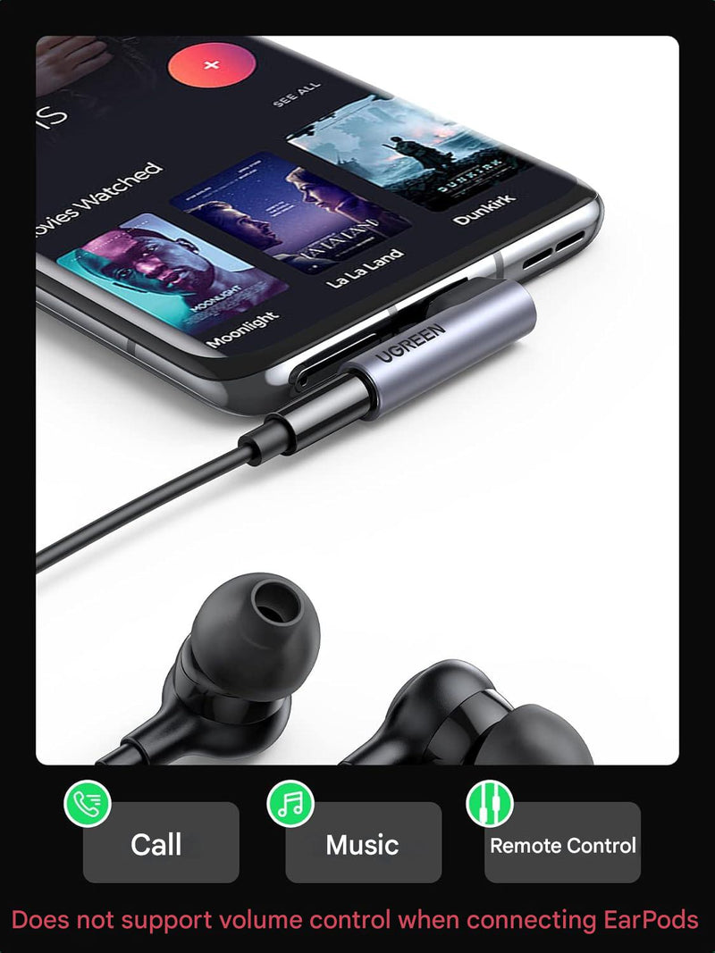 UGREEN 80384 mini angled USB-C to 3.5mm jack adapter used with earphones and a phone