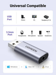 UGREEN 2-in-1 USB External Sound Card Audio Adapter USB to 3.5mm Headphone Mic Jack Converter PC Laptop PS5 PS4 Mac (80864) Ugreen