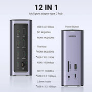 UGREEN 12-in-1 USB-C PD Docking Station HDMI DP 4K 60Hz 8K Triple Display 10Gbps USB-C USB-A 100W Ethernet SD/TF (90325) Ugreen