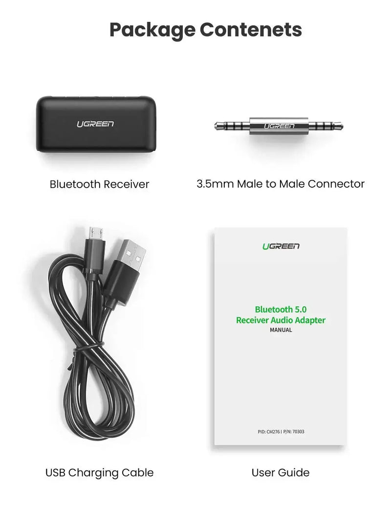 UGREEN Portable Bluetooth 5.0 Receiver Car Wireless Audio Adapter 3.5mm AUX Stereo Output Built-in Microphone 70303 Ugreen