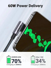 UGREEN 1M USB-C to Angled USB-C Cable 60W Round Cable Aluminum Shell Nickel Plated Nylon Braided Gray Black 50123 Ugreen