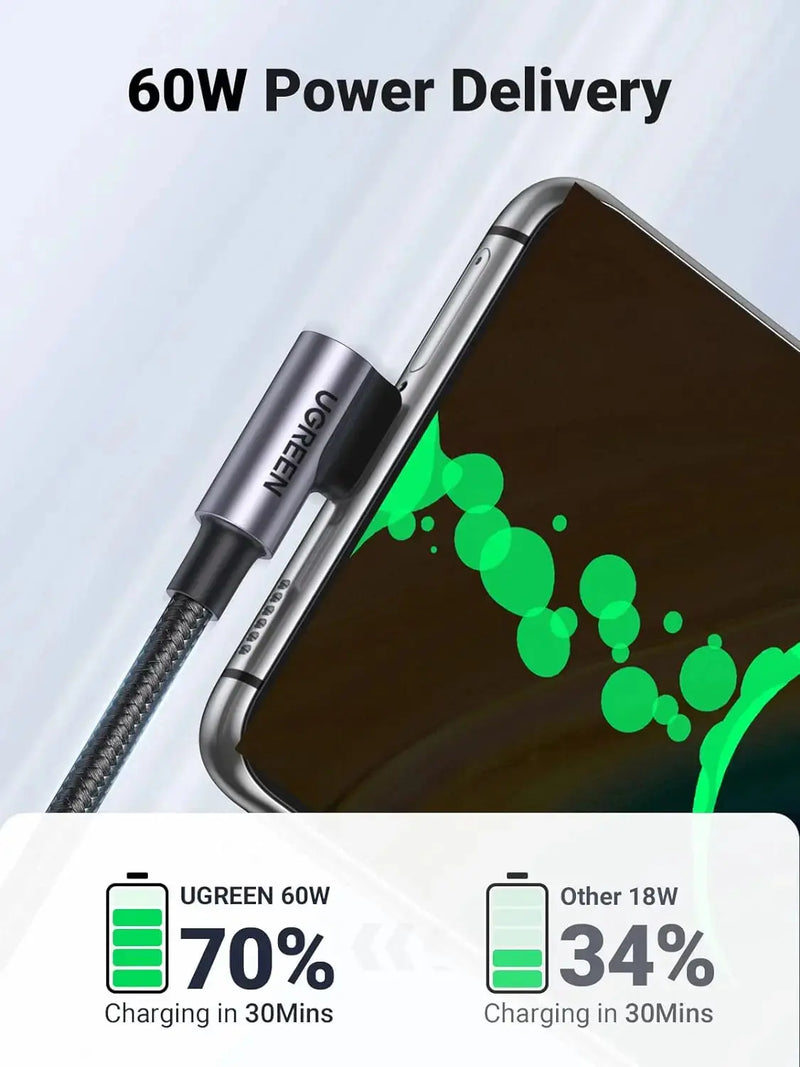 UGREEN 1M USB-C to Angled USB-C Cable 60W Round Cable Aluminum Shell Nickel Plated Nylon Braided Gray Black 50123 Ugreen