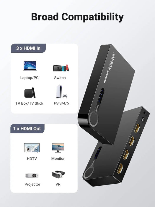 UGREEN 3x1 HDMI Switch 3 In 1 Out IR Wireless Remote 1080P 3D HDMI Switcher Laptop PS3 Xbox360 HD-DVD Gaming Console Switch 40234