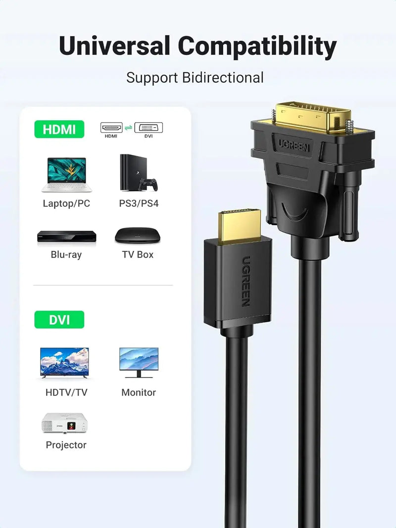 UGREEN HDMI to DVI Cable 3M Bi-Directional High Speed 1080P Full HD Laptop PC Monitor Projector Graphics (10136) Ugreen