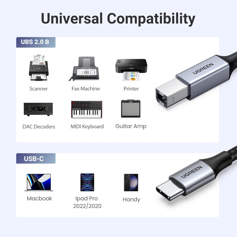 UGREEN US370 80805 1m braided USB-C to USB-B printer cable universal compatibility