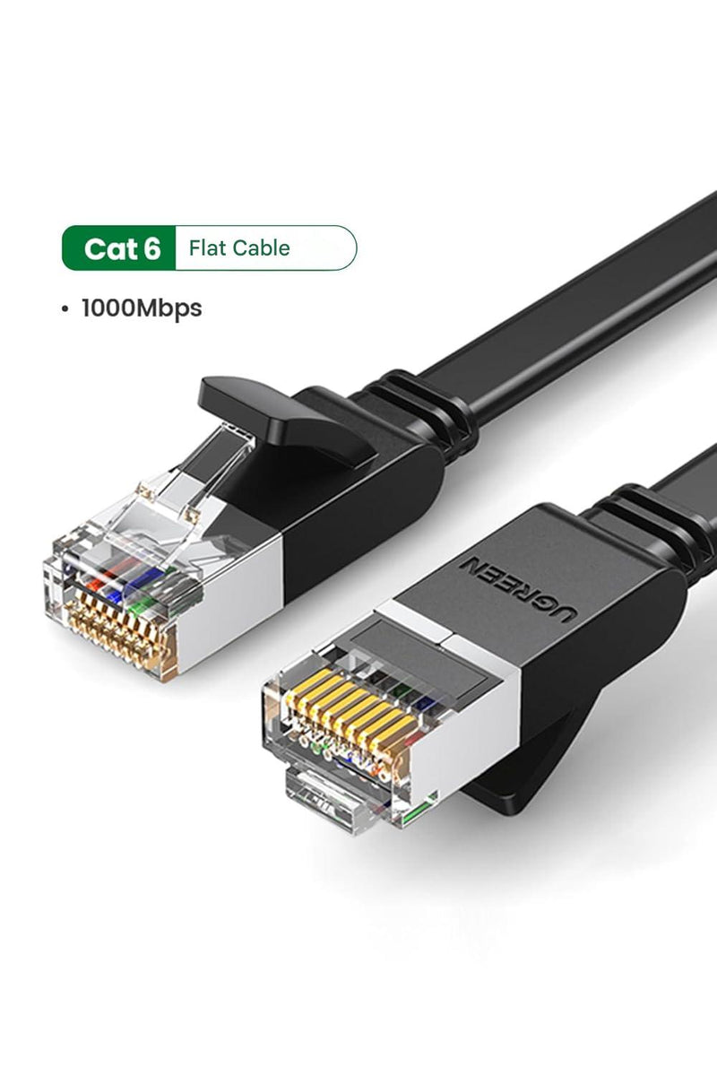 UGREEN 50177 8m flat Cat 6 U/UTP LAN cable, black, RJ45 plug close-up