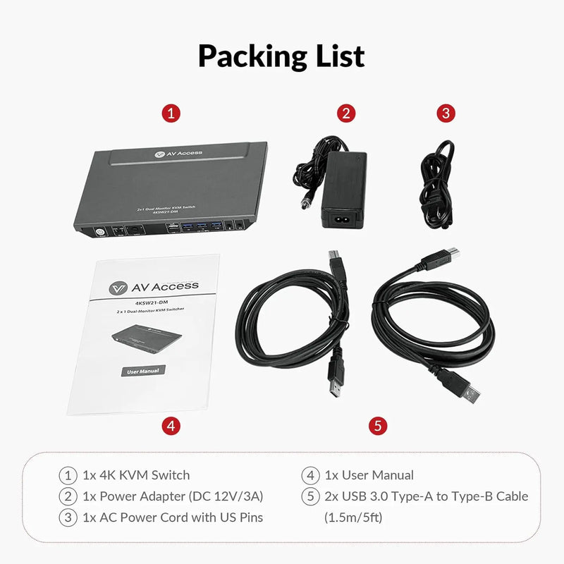 AV Access 4KSW21-DM 4K Dual Monitor KVM Switch, 2-Port HDMI with Hotkey Switching, Supports High Refresh Rates like 144Hz, 165Hz & 240Hz AV Access