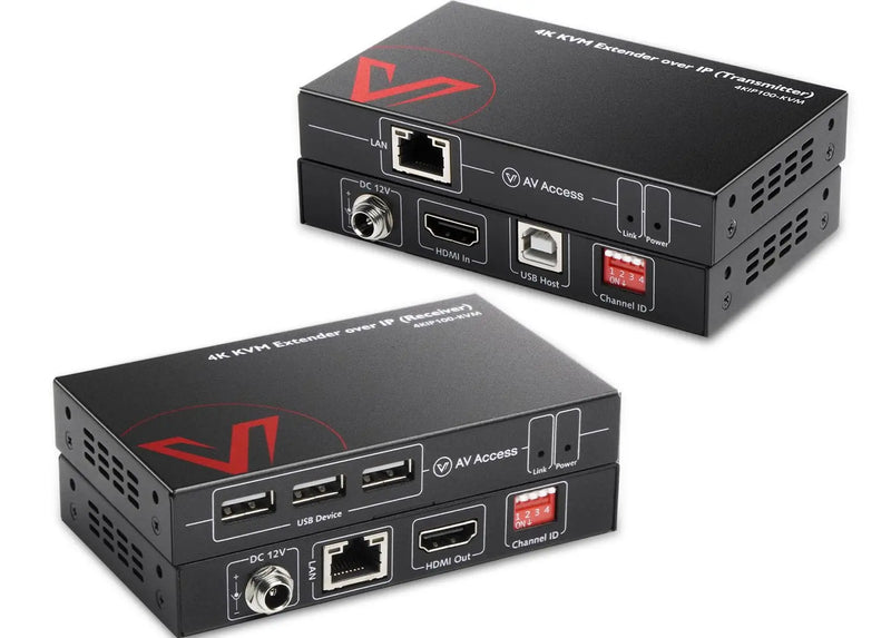 AV Access 4KIP100-KVM 4K HDMI KVM Extender over IP, Over Over Single Cat5e/6, 120m/390ft 3 Ports USB2.0 Extender w/ Zero Latency & 1080P@120Hz, up to 16 Sets with DIP Setting AV Access