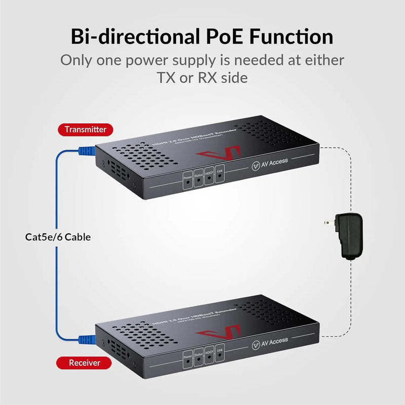 AV Access 4KEX100-H2 HDBaseT HDMI Extender Over Cat5e/6/6a/7 Ethernet up to 330ft/100m 4K@60Hz, Supports HDCP2.2, HDMI2.0, Bi-Directional IR and RS232 Pass-Through, Auto EDID, PoE, CEC, Dolby Vision TeckPot