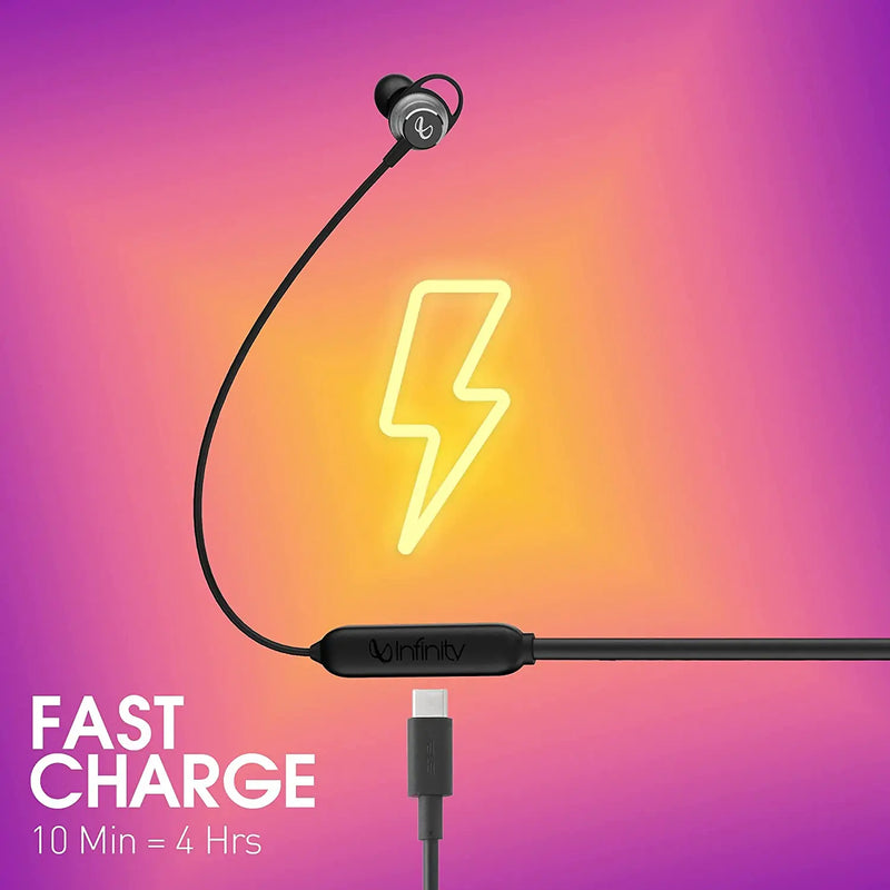 Infinity Glide N200, In Ear Wireless Earphones With Mic(Fast Charging, Deep Bass, Dual Equalizer,B5.0,IPX5,Premium Metal)Black Infinity