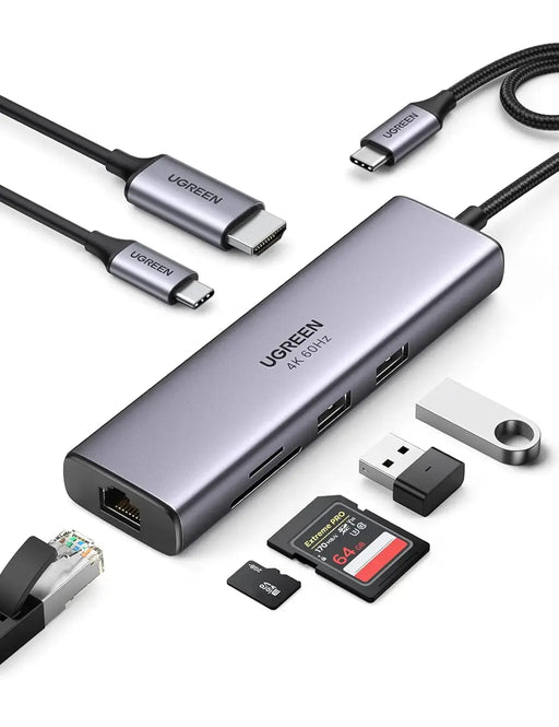 UGREEN 7-in-1 Multi-Functional Adapter 4K 60Hz HDMI Gigabit Ethernet 2 USB 3.0 100W PD SD/TF MacBook Dell Surface (60515) Ugreen