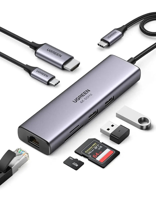 UGREEN 7-in-1 Multi-Functional Adapter 4K 60Hz HDMI Gigabit Ethernet 2 USB 3.0 100W PD SD/TF MacBook Dell Surface (60515) Ugreen