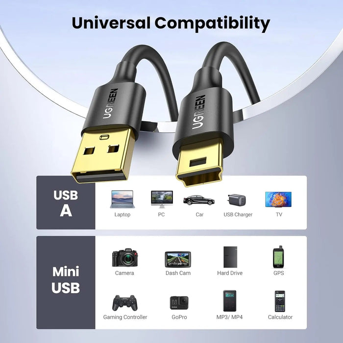 UGREEN USB 2.0 A to Mini B 5-Pin Cable 2M Fast Data Charging Hero 3+ Game Controller Digital Camera Dash Cam GPS (30472)