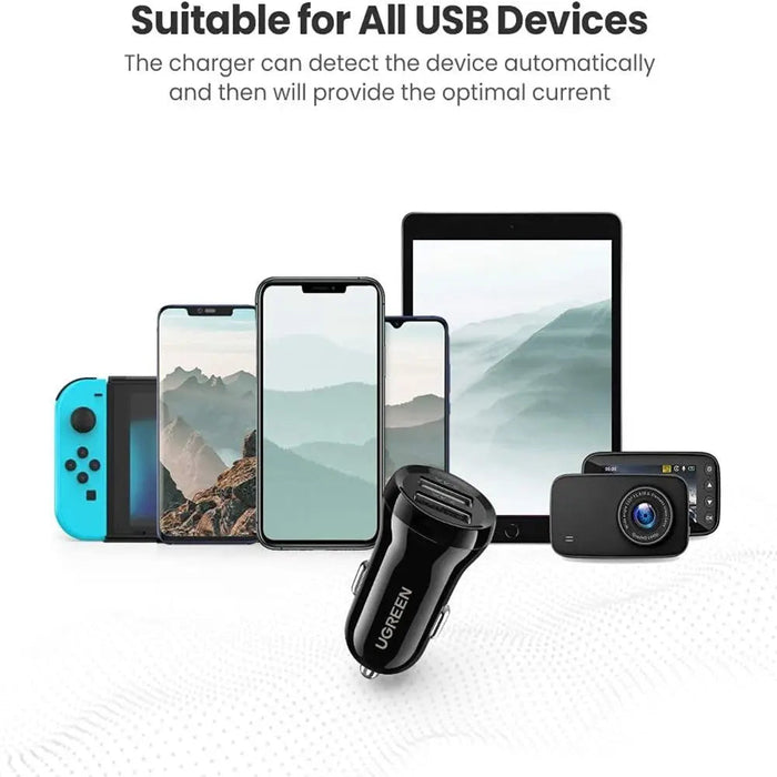 UGREEN 24W Dual USB Car Charger 4.8A Fast Charging Adapter iPhone 14/13/12/11 Galaxy S22/S21/S10 iPad Pro Air Mini (50875)