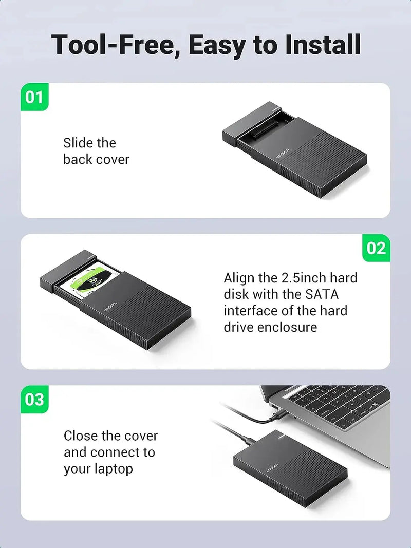 UGREEN 2.5 Inch External Hard Drive Enclosure USB 3.0 USB-C to USB-A Cable Tool-Free SATA SSD HDD Adapter Case (30727) Ugreen