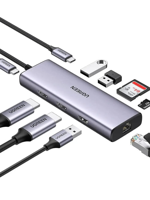 UGREEN 9-in-1 Dual HDMI USB-C Dock USB 2.0 2 USB 3.0 RJ45 1000M USB C PD 60W 2 HDMI 4K 60Hz SD/TF MacBook Dell XPS (90119) Ugreen