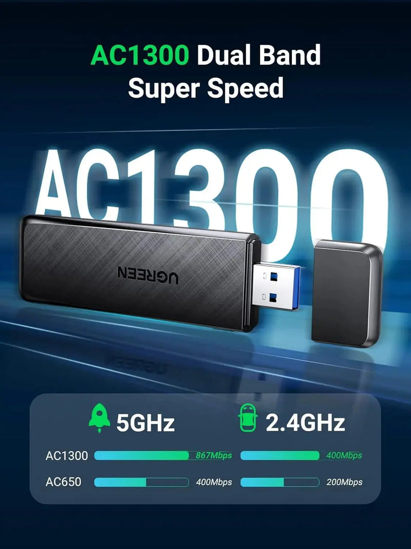 UGREEN AC1300 Dual Band WiFi Adapter USB 3.0 Wireless Network Dongle 5GHz 2.4GHz Desktop PC Laptop Windows Mac 50340 Ugreen