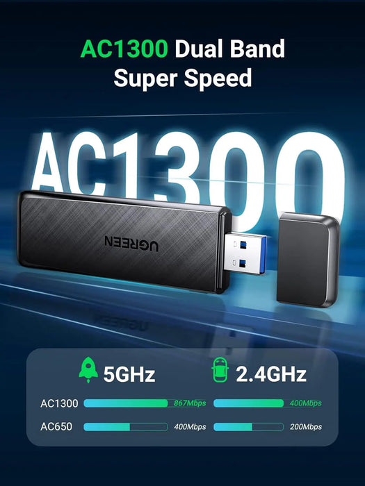 UGREEN AC1300 Dual Band WiFi Adapter USB 3.0 Wireless Network Dongle 5GHz 2.4GHz Desktop PC Laptop Windows Mac 50340