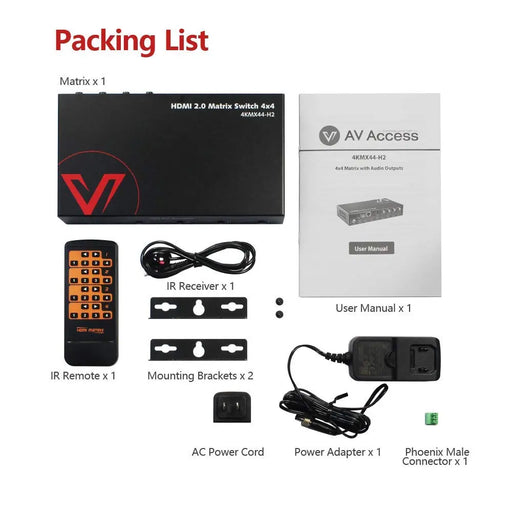 AV Access 4KMX44-H2, 4×4 4K HDMI Matrix Switch with Downscaler, Audio Extraction, IR Remote Control AV Access