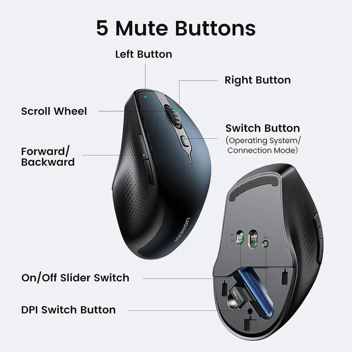 UGREEN Ergonomic 5 Button Silent 2.4G Wireless Bluetooth 5.0 Optical Mouse USB Receiver 4000 DPI MacBook PC Blue (15807)