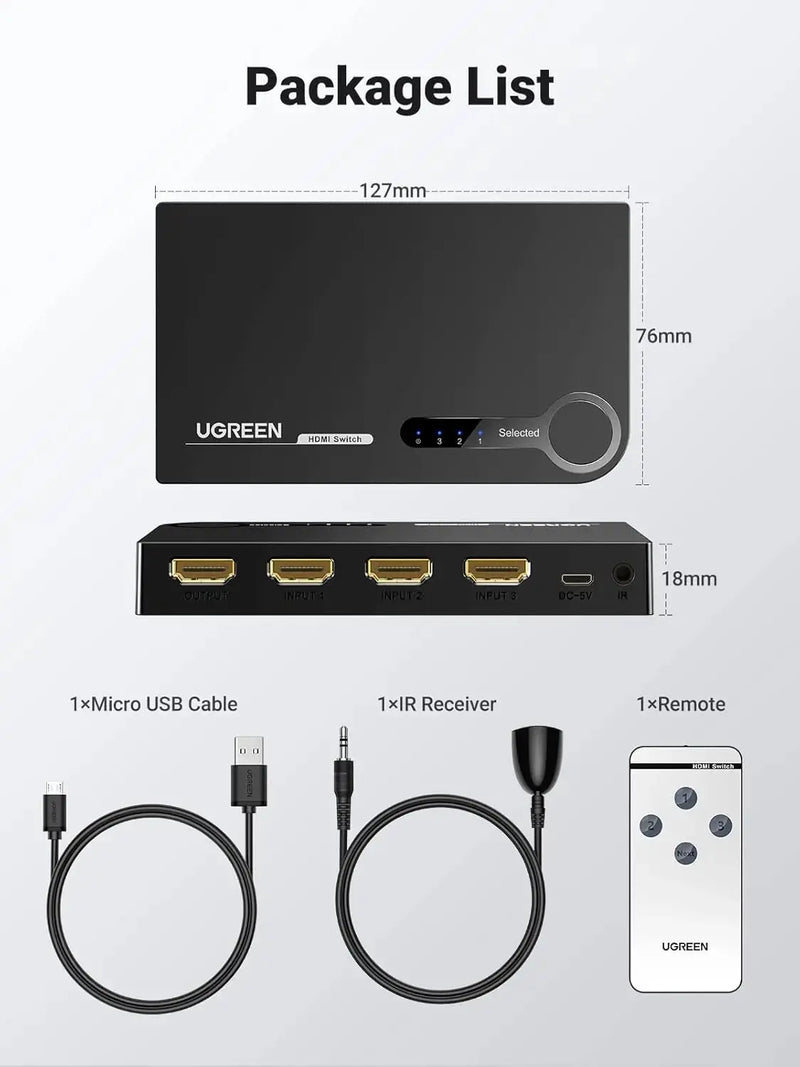 UGREEN 3x1 HDMI Switch 3 In 1 Out IR Wireless Remote 1080P 3D HDMI Switcher Laptop PS3 Xbox360 HD-DVD Gaming Console Switch 40234 Ugreen