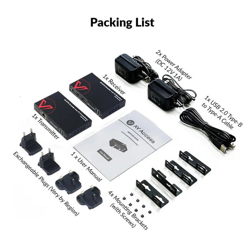 AV Access 4KIP100-KVM 4K HDMI KVM Extender over IP, Over Over Single Cat5e/6, 120m/390ft 3 Ports USB2.0 Extender w/ Zero Latency & 1080P@120Hz, up to 16 Sets with DIP Setting AV Access