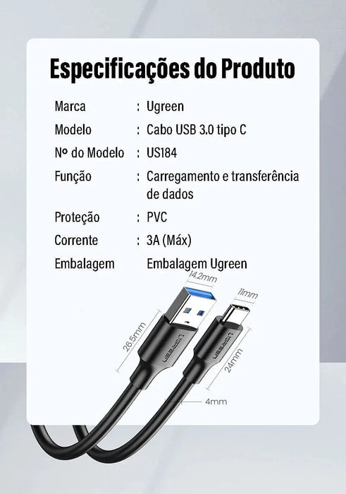 UGREEN USB 3.0 Cable 1.5M A Male to USB C Male Fast Charging Data Transfer 5Gbps Nickel Plated MacBook iPad Galaxy (20883)