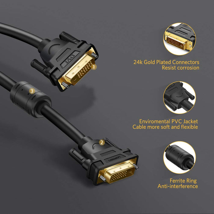 UGREEN 11607 DVI-D 24+1 Dual Link Male to Male Digital Video Cable Gold Plated with Ferrite Core Support 2560x1600 (3Mt)